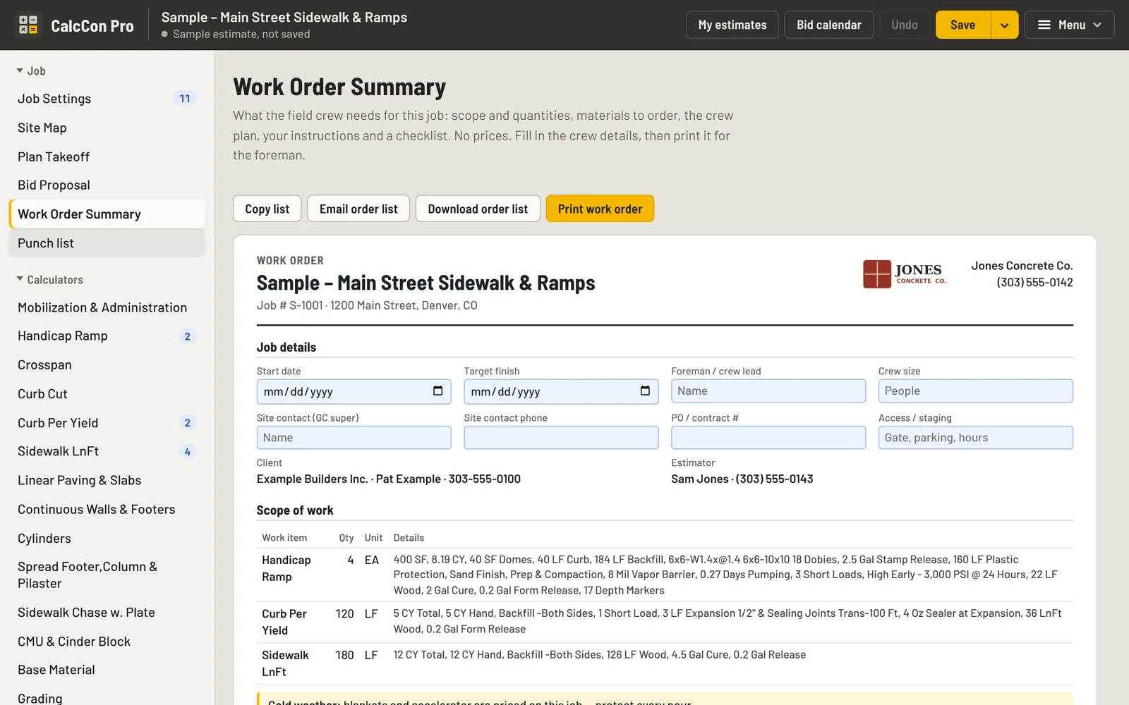 The Work Order Summary: the crew's work order with the job details and scope of work, and the material order list buttons